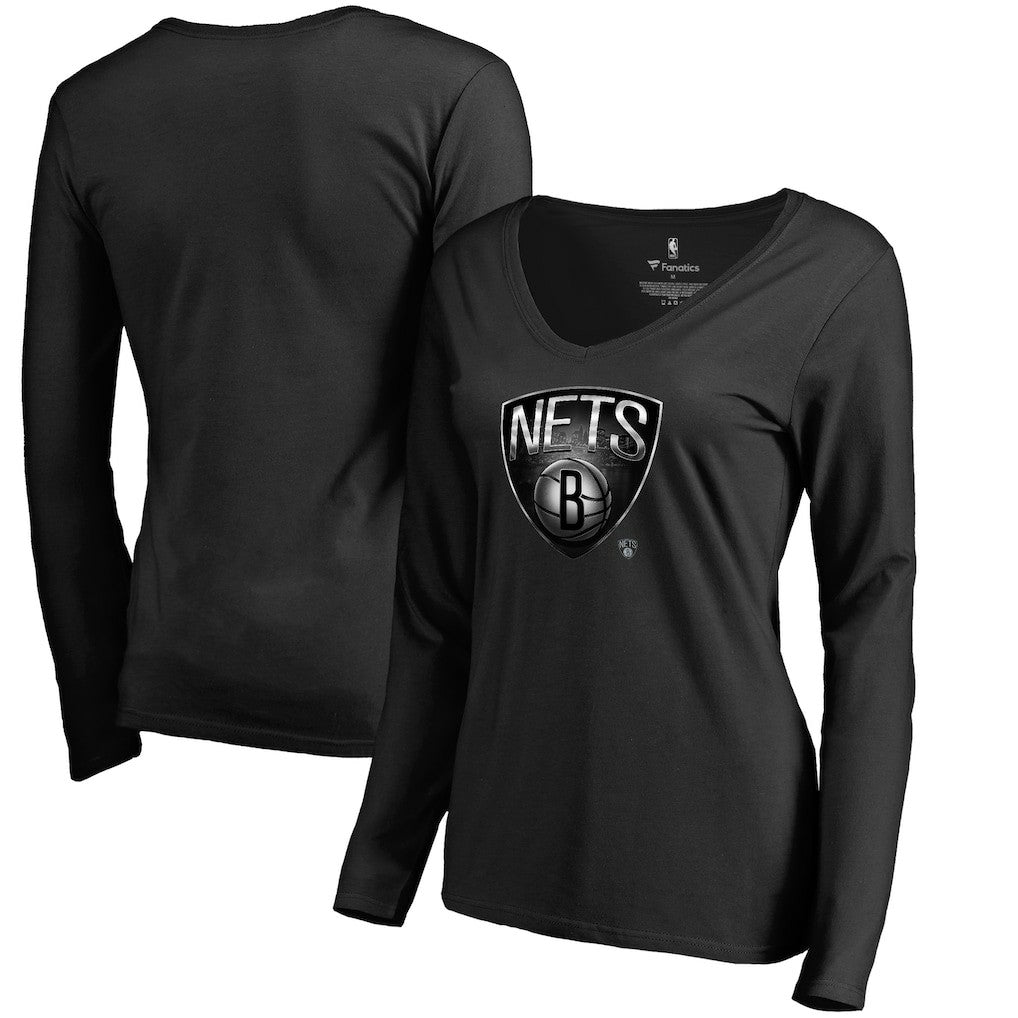 Brooklyn Nets Women's Midnight Mascot Long Sleeve V-Neck T-Shirt Black - NBA