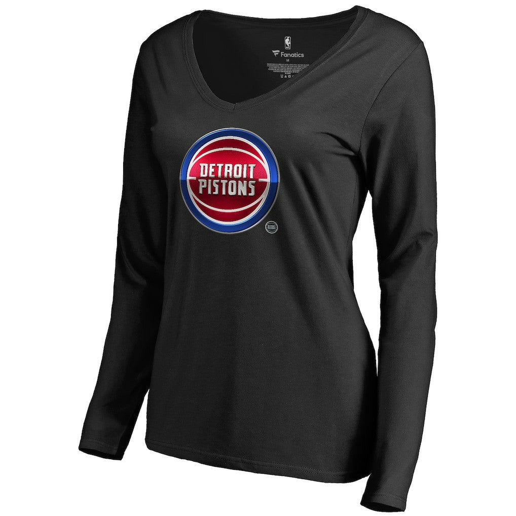 Detroit Pistons Women's Midnight Mascot Long Sleeve V-Neck T-Shirt Black - NBA
