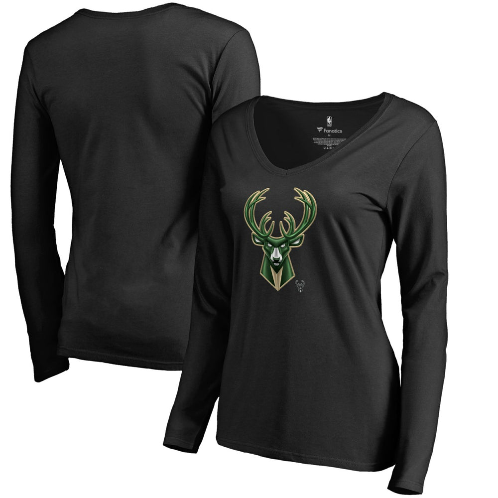 Milwaukee Bucks Women's Midnight Mascot Long Sleeve V-Neck T-Shirt Black - NBA