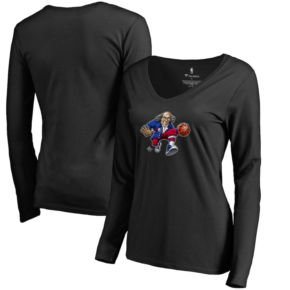 Philadelphia 76ers Women's Midnight Mascot Long Sleeve V-Neck T-Shirt Black - NBA