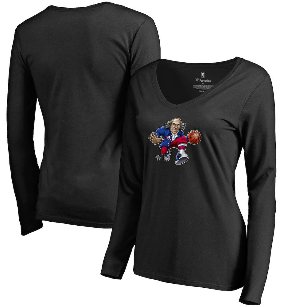Philadelphia 76ers Women's Midnight Mascot Long Sleeve V-Neck T-Shirt Black - NBA