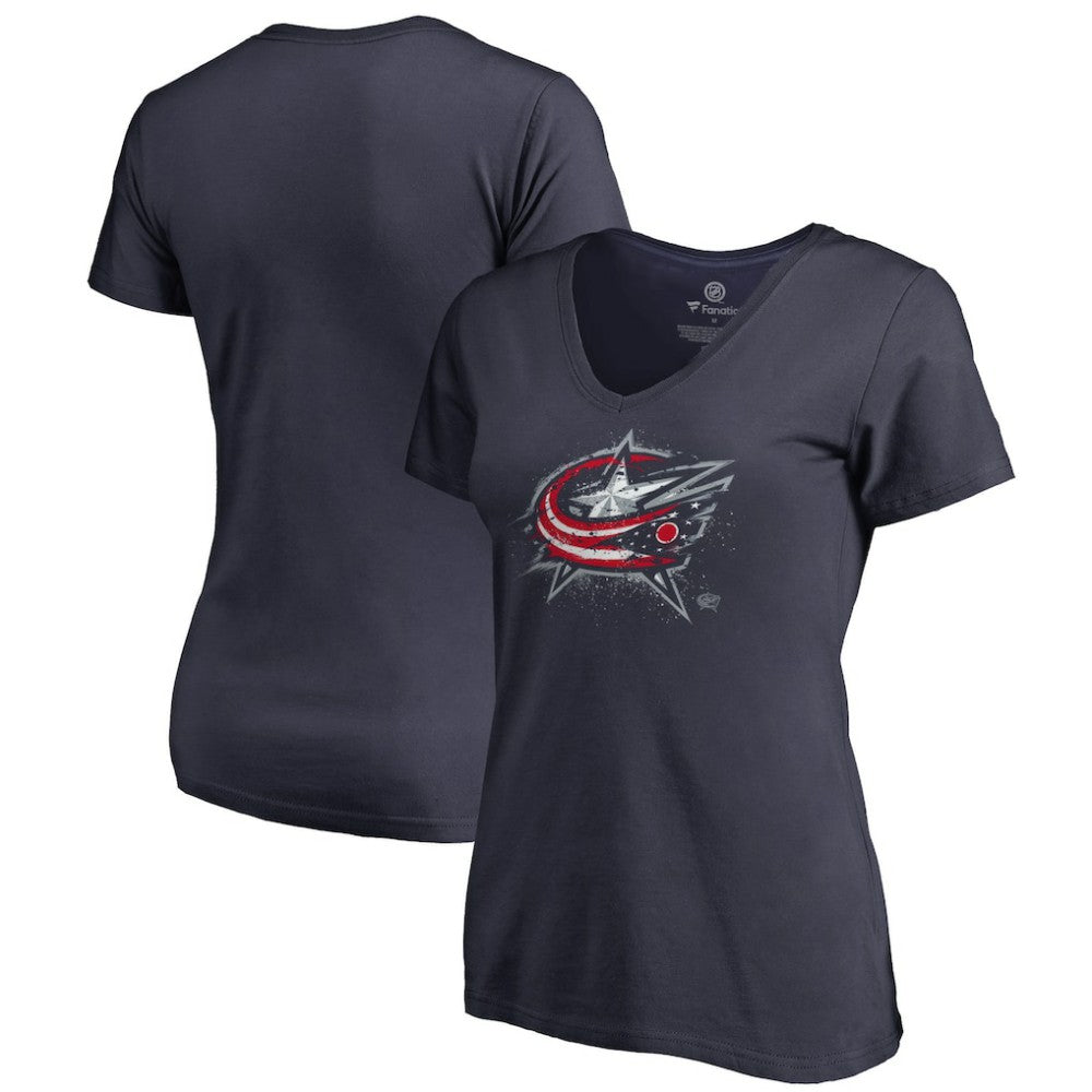 Columbus Blue Jackets Women's Splatter Logo V-Neck T-Shirt - Navy - NHL
