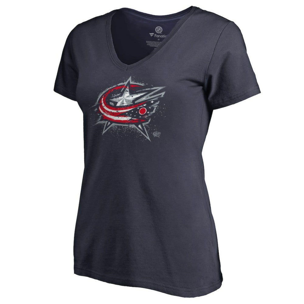 Columbus Blue Jackets Women's Splatter Logo V-Neck T-Shirt - Navy - NHL