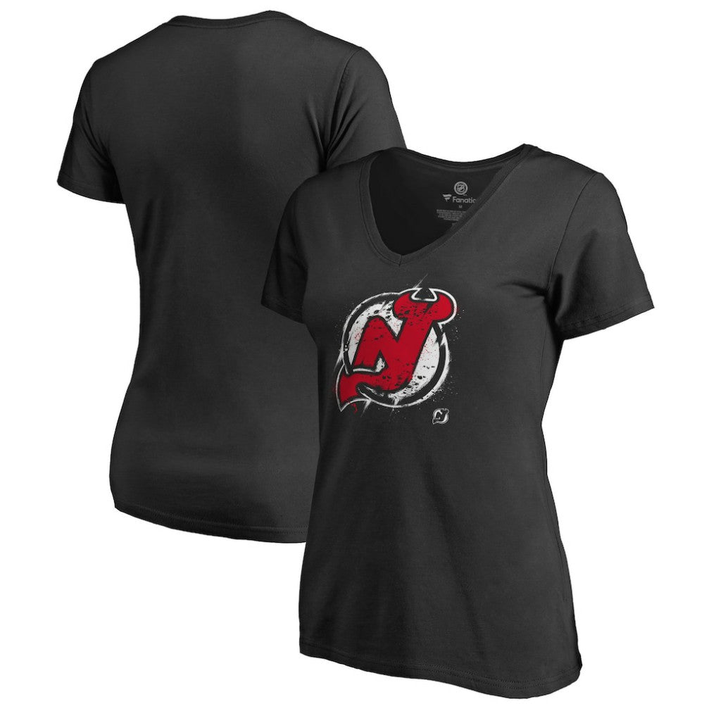 New Jersey Devils Women's Splatter Logo V-Neck T-Shirt - Black - NHL