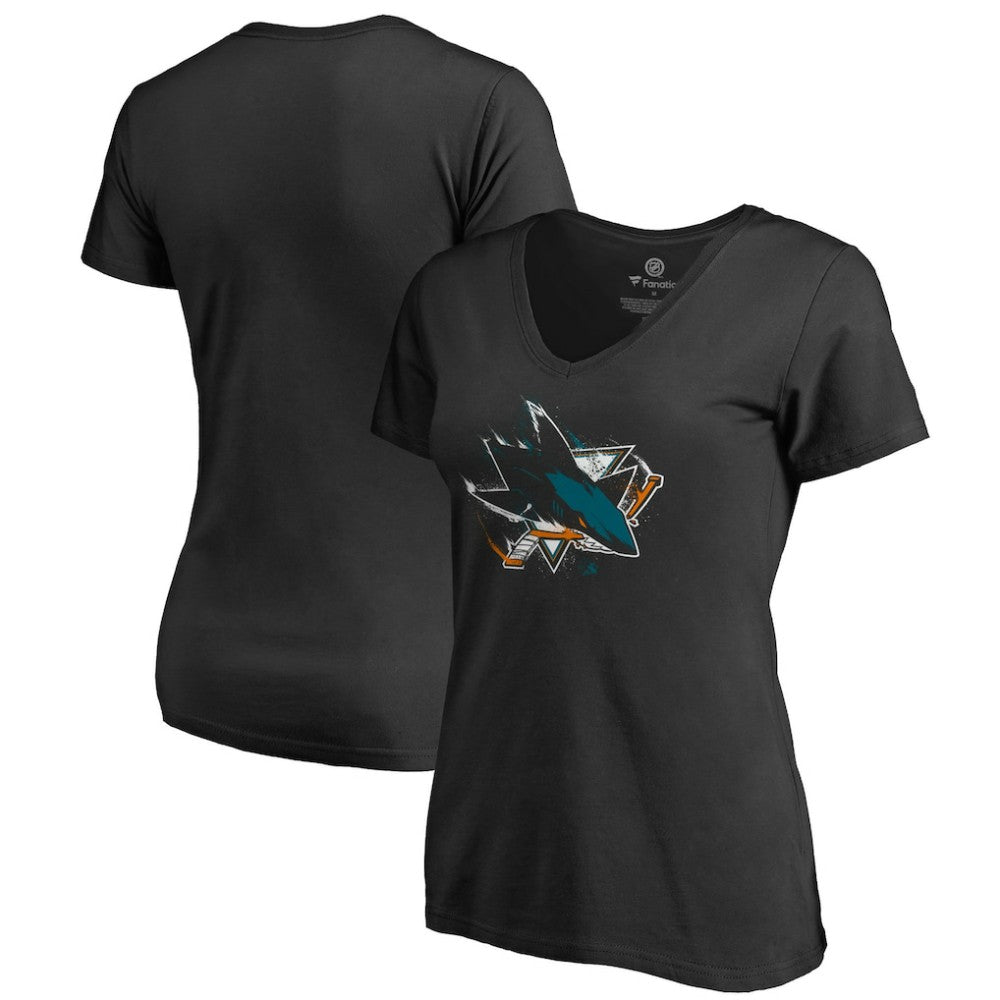 San Jose Sharks Women's Splatter Logo V-Neck T-Shirt - Black - NHL