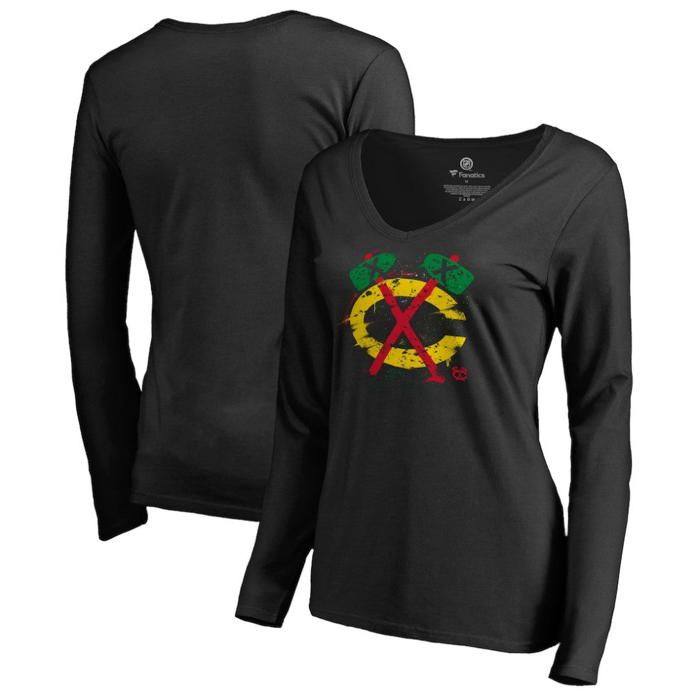 Chicago Blackhawks Women's Splatter Logo V-Neck Long Sleeve T-Shirt - Black - NHL