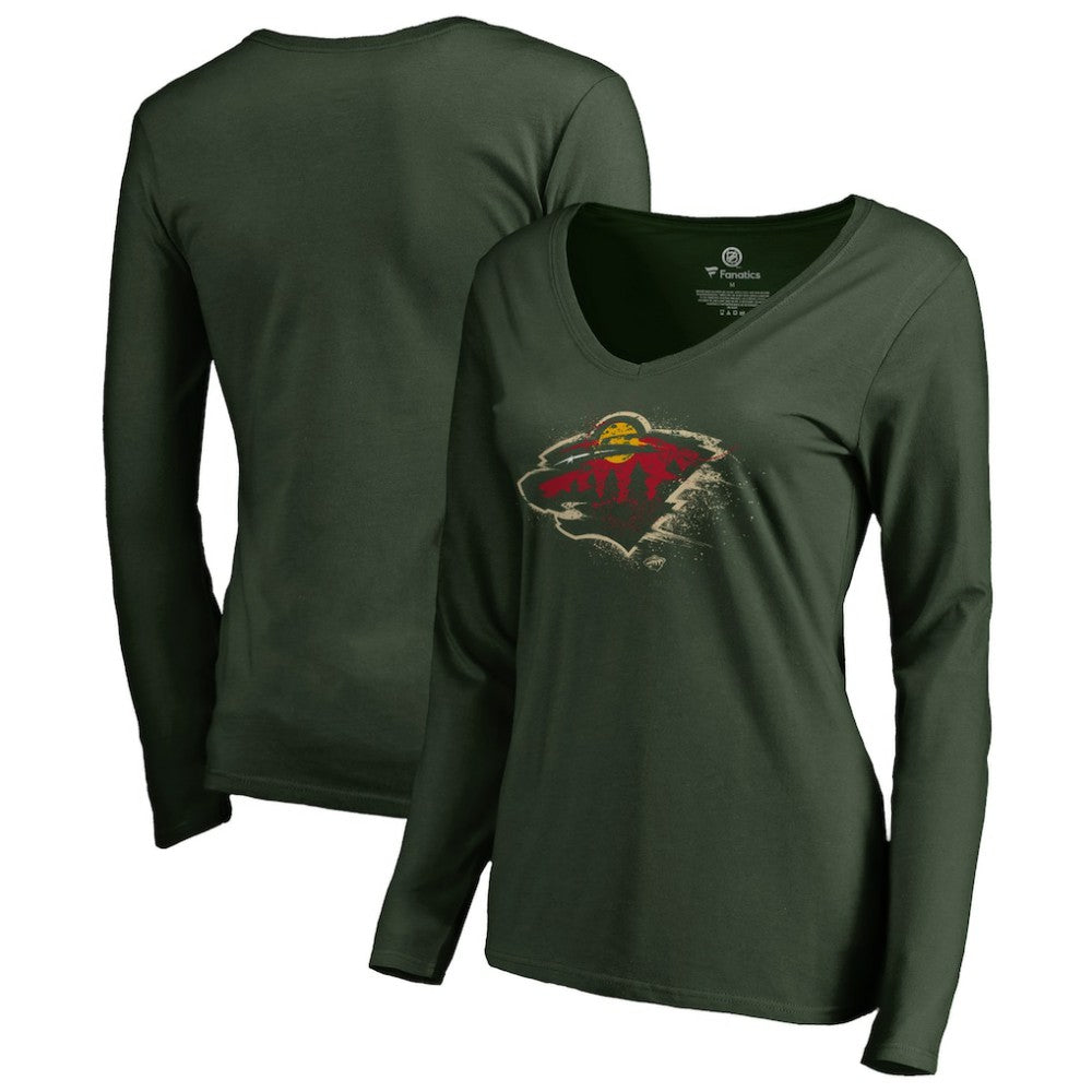 Minnesota Wild Women's Splatter Logo V-Neck Long Sleeve T-Shirt - Green - NHL
