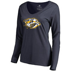 Nashville Predators Women's Splatter Logo V-Neck Long Sleeve T-Shirt - Navy - NHL