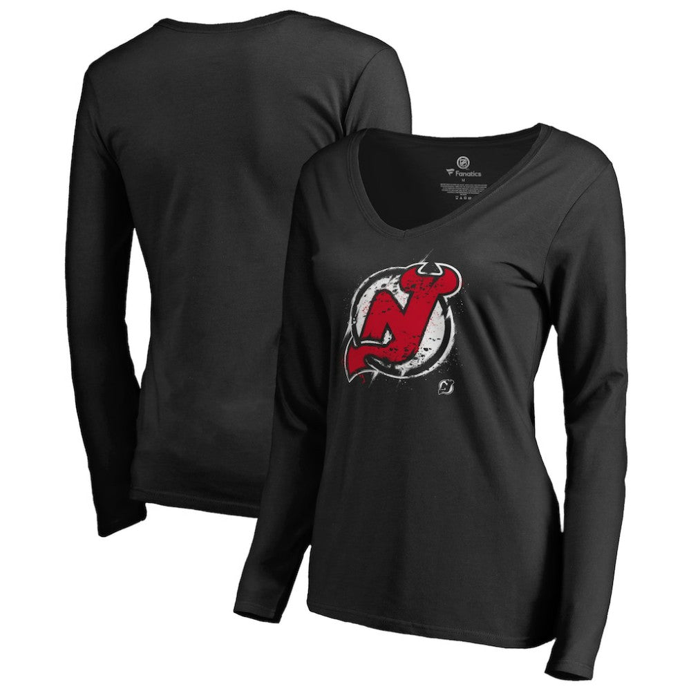New Jersey Devils Women's Splatter Logo V-Neck Long Sleeve T-Shirt - Black - NHL
