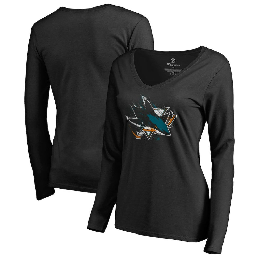 San Jose Sharks Women's Splatter Logo V-Neck Long Sleeve T-Shirt - Black - NHL