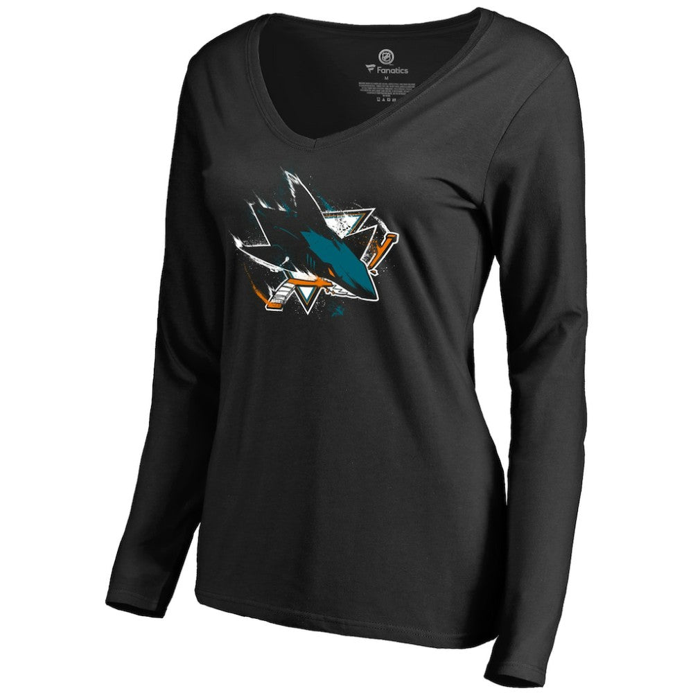 San Jose Sharks Women's Splatter Logo V-Neck Long Sleeve T-Shirt - Black - NHL
