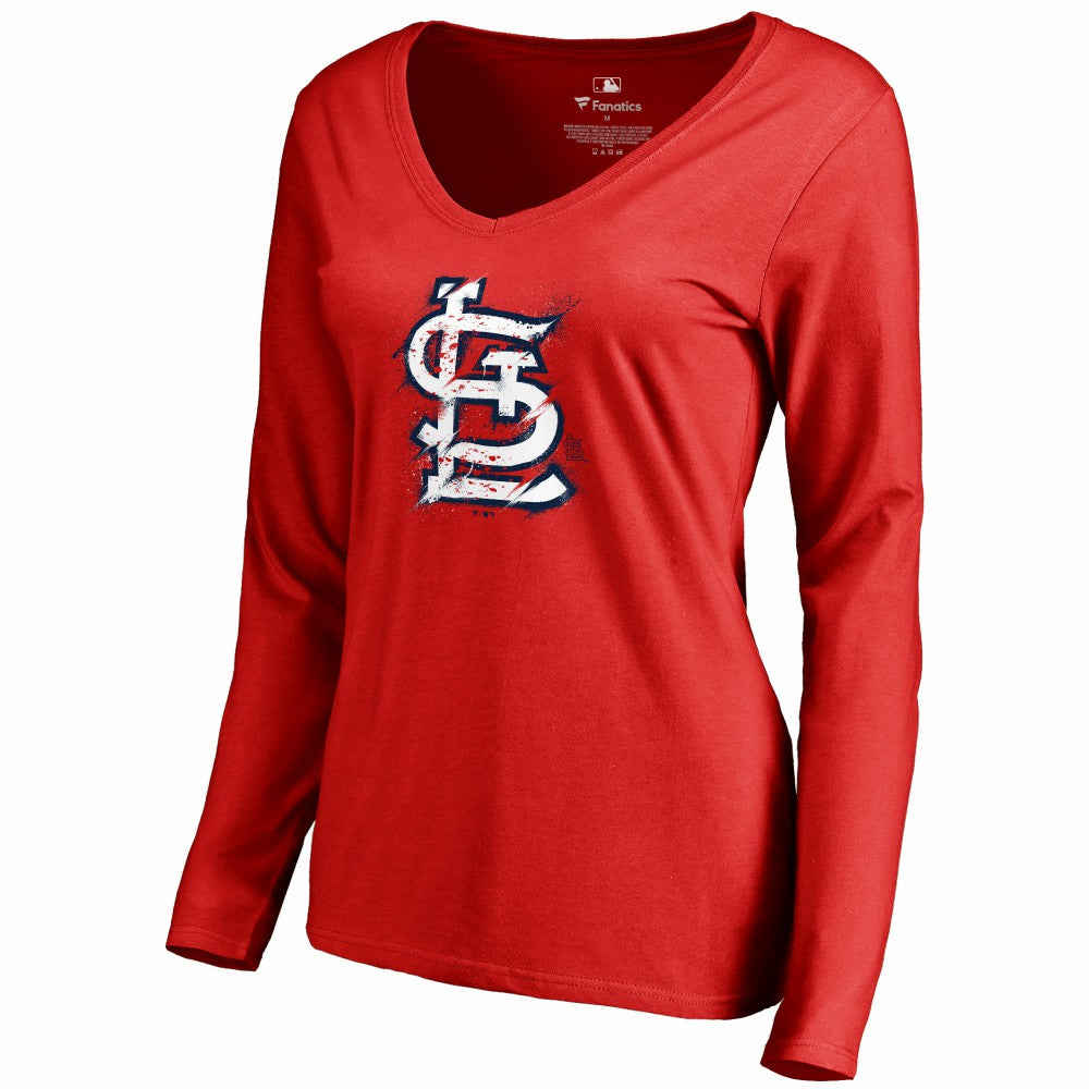 St. Louis Cardinals Women's Splatter Logo Long Sleeve V-Neck T-Shirt - MLB