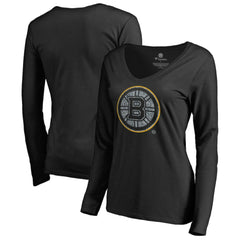 Boston Bruins Women's Static Logo Long Sleeve V-Neck T-Shirt - Black - NHL
