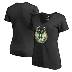 Milwaukee Bucks Women's Primary Logo V-Neck T-Shirt Black - NBA