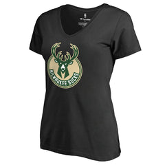 Milwaukee Bucks Women's Primary Logo V-Neck T-Shirt Black - NBA