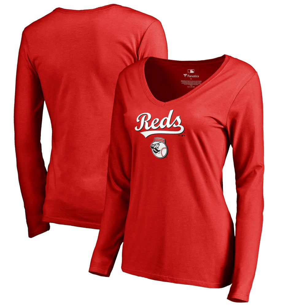 Cincinnati Reds Women's Team Lockup Slim Fit Long Sleeve V-Neck T-Shirt - MLB