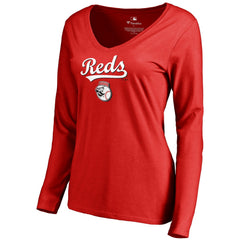 Cincinnati Reds Women's Team Lockup Slim Fit Long Sleeve V-Neck T-Shirt - MLB