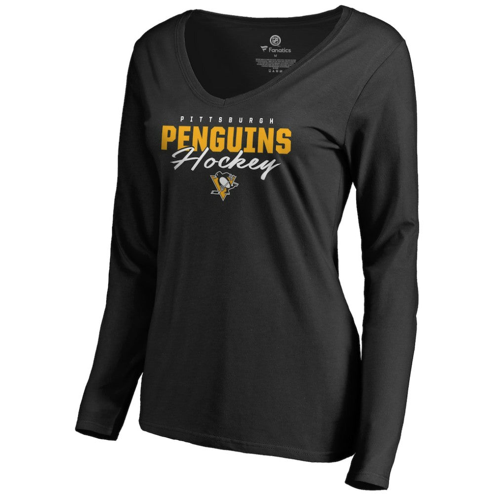 Pittsburgh Penguins Women's Iconic Collection Script Assist Long Sleeve V-Neck T-Shirt - Black - NHL