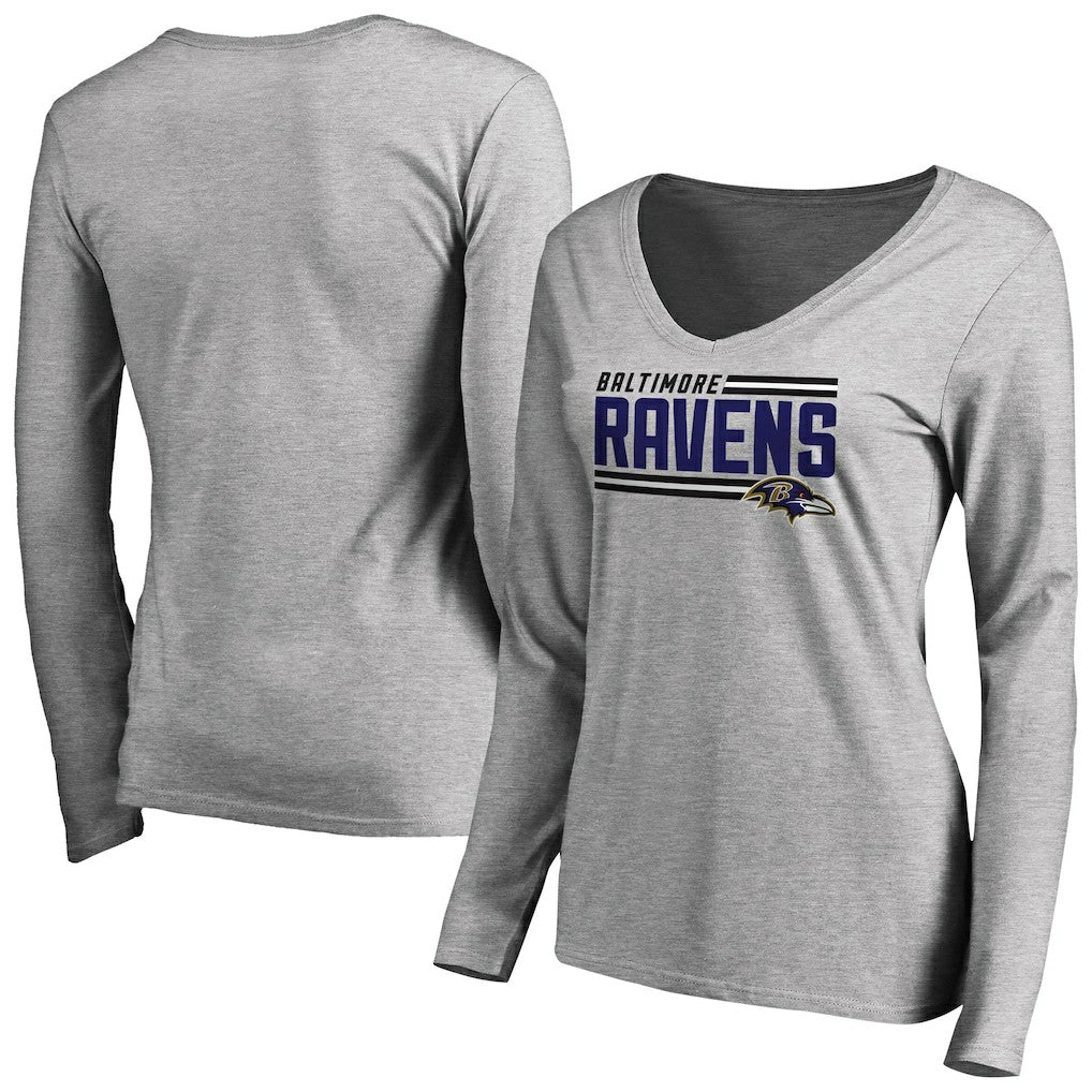 Baltimore Ravens Women's Iconic Collection On Side Stripe Long Sleeve V-Neck T-Shirt Ash | NFL