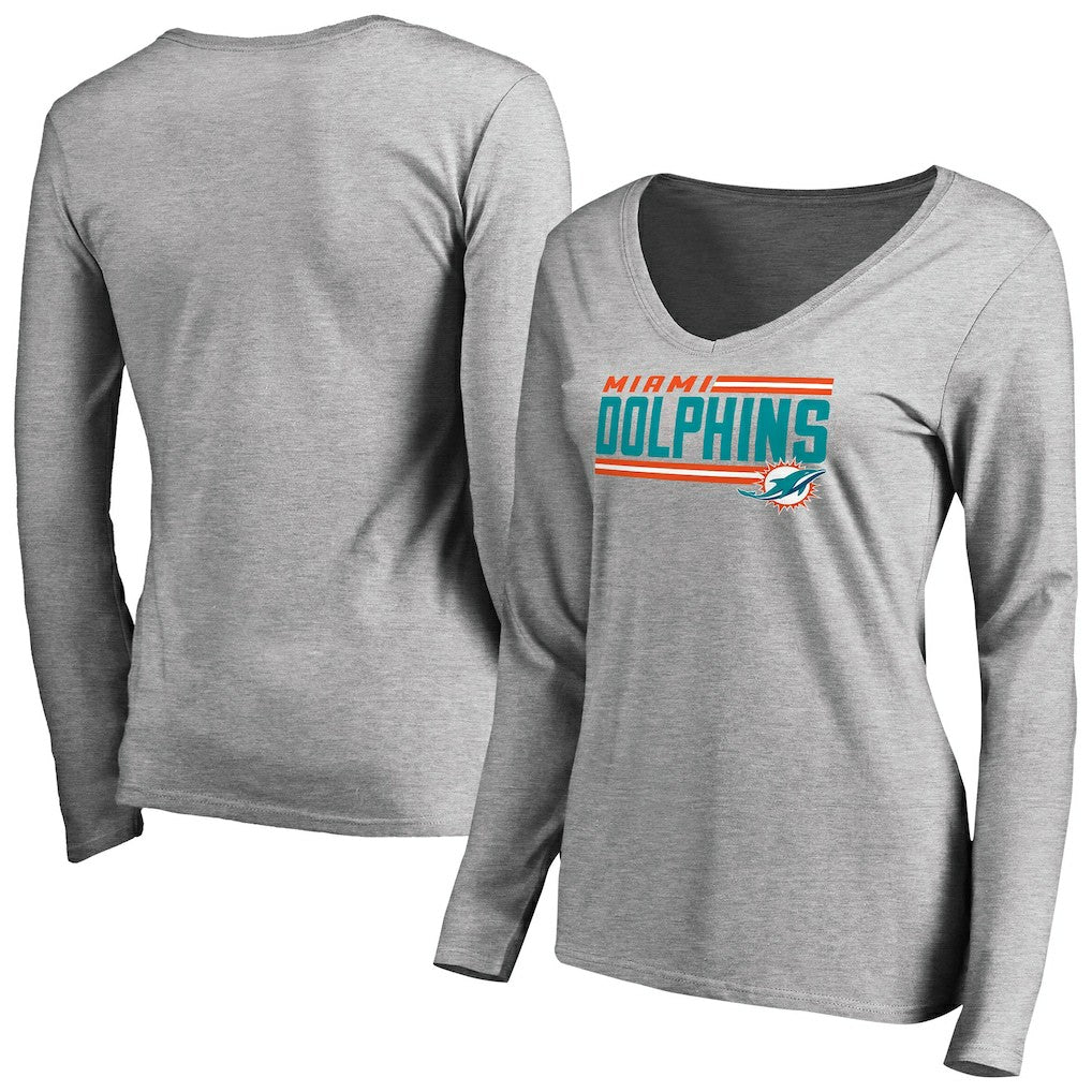 Miami Dolphins Women's Iconic Collection On Side Stripe Long Sleeve V-Neck T-Shirt Ash | NFL