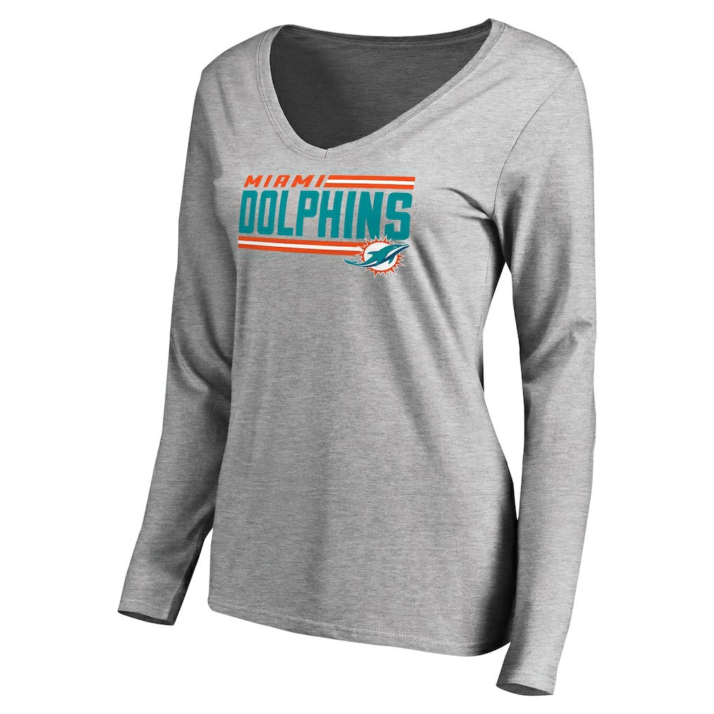 Miami Dolphins Women's Iconic Collection On Side Stripe Long Sleeve V-Neck T-Shirt Ash | NFL