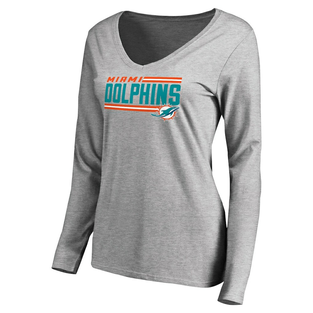Miami Dolphins Women's Iconic Collection On Side Stripe Long Sleeve V-Neck T-Shirt Ash | NFL