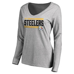 Pittsburgh Steelers Women's Iconic Collection On Side Stripe Long Sleeve V-Neck T-Shirt Ash | NFL