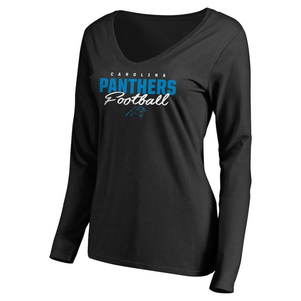 Carolina Panthers Women's Iconic Collection Script Assist Long Sleeve V-Neck T-Shirt Black | NFL