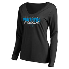 Carolina Panthers Women's Iconic Collection Script Assist Long Sleeve V-Neck T-Shirt Black | NFL