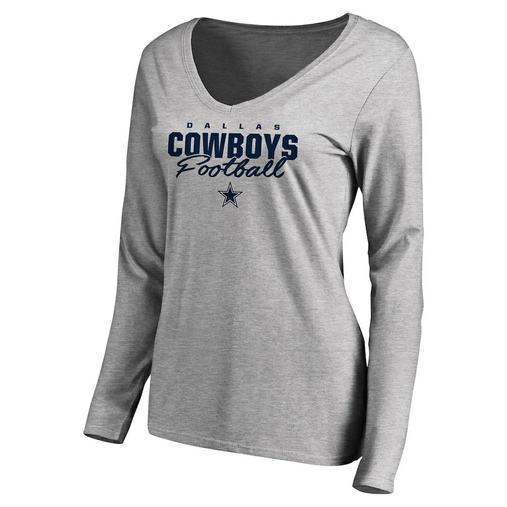 Dallas Cowboys Women's Iconic Collection Script Assist Long Sleeve V-Neck T-Shirt Ash | NFL
