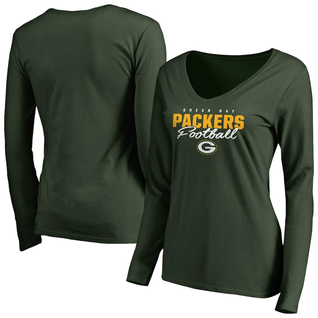 Green Bay Packers Women's Iconic Collection Script Assist Long Sleeve V-Neck T-Shirt Green | NFL