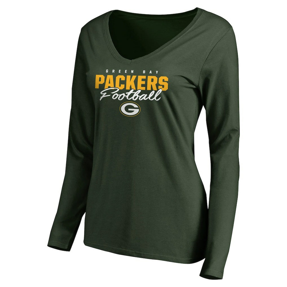 Green Bay Packers Women's Iconic Collection Script Assist Long Sleeve V-Neck T-Shirt Green | NFL