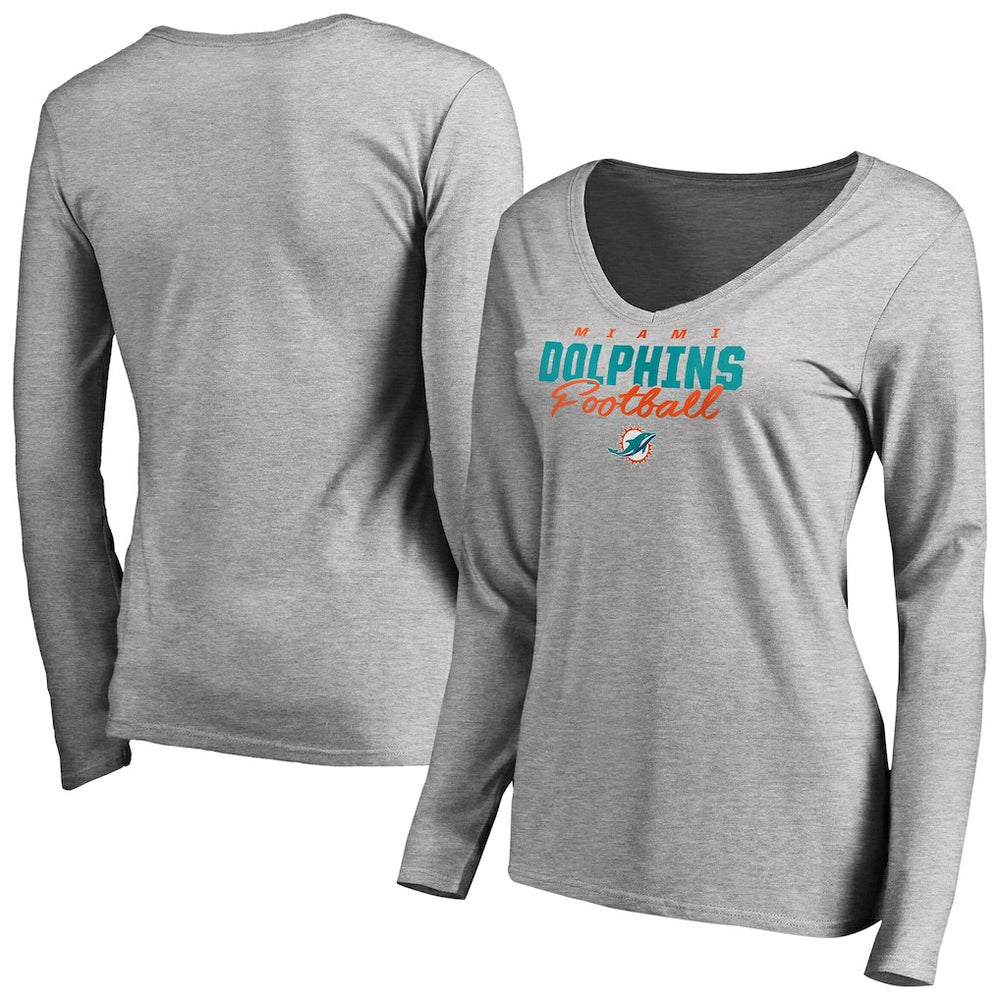 Miami Dolphins Women's Iconic Collection Script Assist Long Sleeve V-Neck T-Shirt Ash | NFL