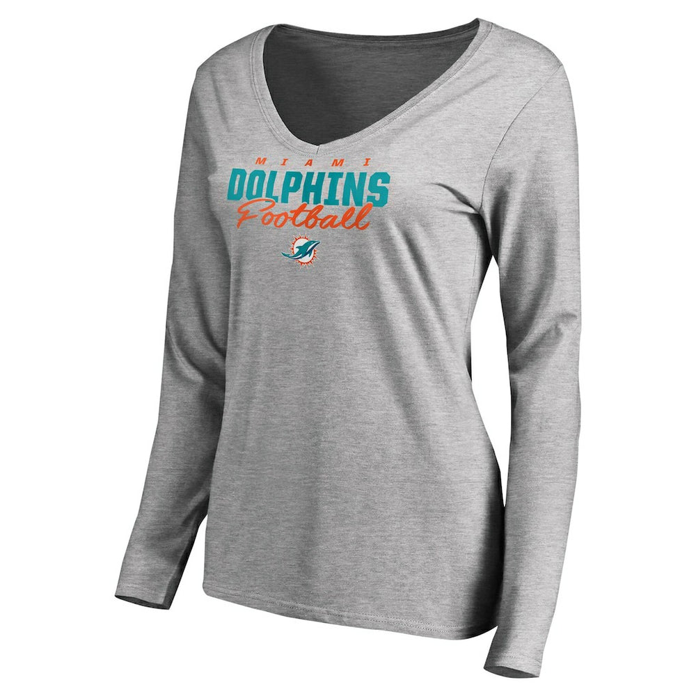 Miami Dolphins Women's Iconic Collection Script Assist Long Sleeve V-Neck T-Shirt Ash | NFL