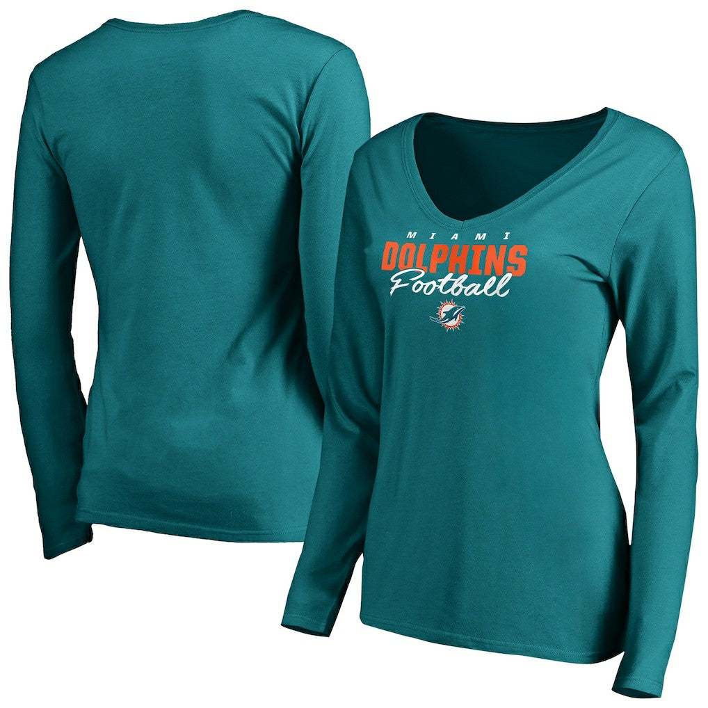 Miami Dolphins Women's Iconic Collection Script Assist Long Sleeve V-Neck T-Shirt Aqua | NFL