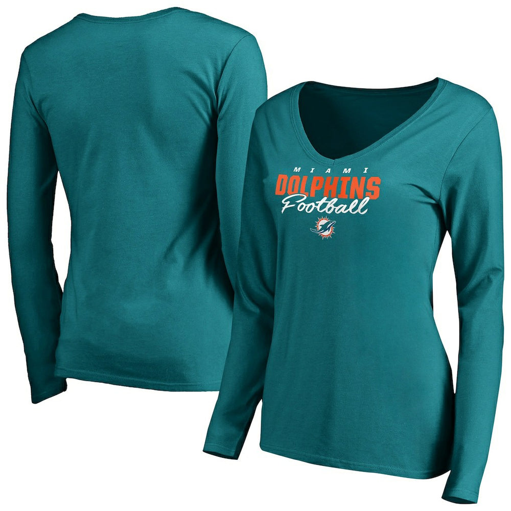 Miami Dolphins Women's Iconic Collection Script Assist Long Sleeve V-Neck T-Shirt Aqua | NFL
