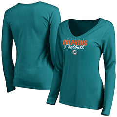 Miami Dolphins Women's Iconic Collection Script Assist Long Sleeve V-Neck T-Shirt Aqua | NFL