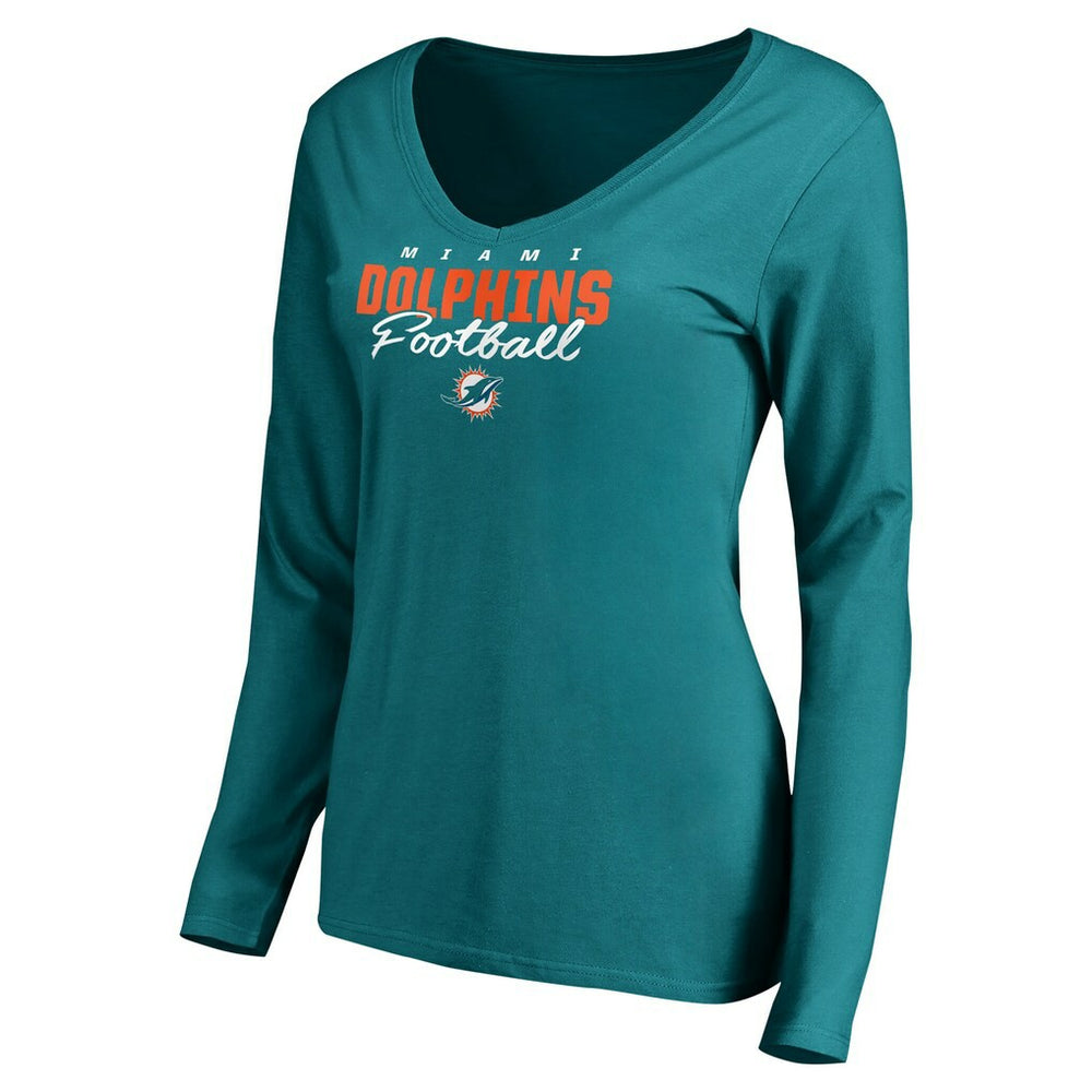 Miami Dolphins Women's Iconic Collection Script Assist Long Sleeve V-Neck T-Shirt Aqua | NFL