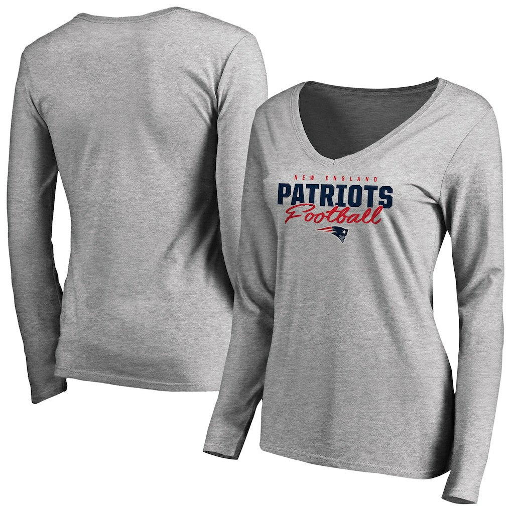 New England Patriots Women's Iconic Collection Script Assist Long Sleeve V-Neck T-Shirt Ash | NFL