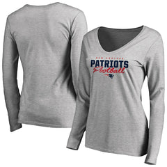 New England Patriots Women's Iconic Collection Script Assist Long Sleeve V-Neck T-Shirt Ash | NFL