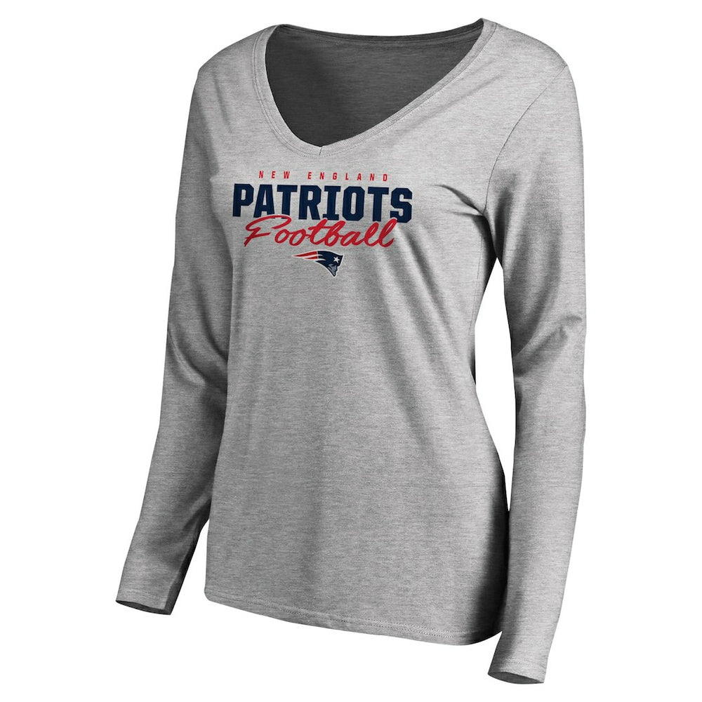 New England Patriots Women's Iconic Collection Script Assist Long Sleeve V-Neck T-Shirt Ash | NFL