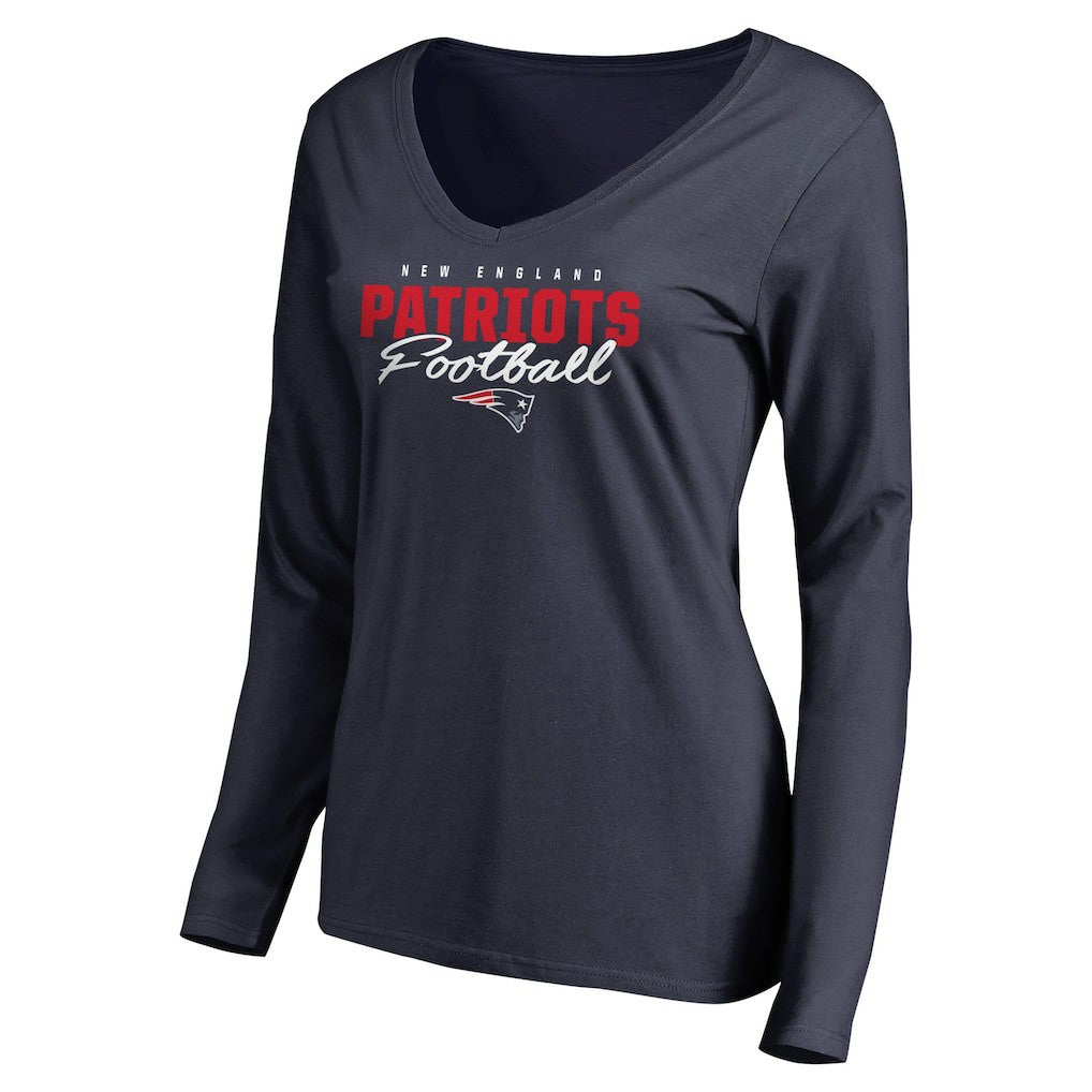 New England Patriots Women's Iconic Collection Script Assist Long Sleeve V-Neck T-Shirt Navy | NFL