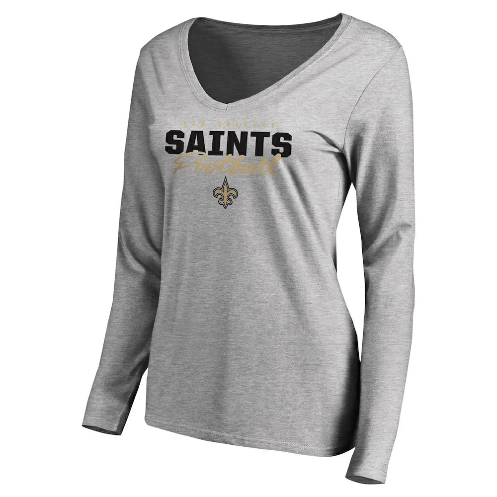 New Orleans Saints Women's Iconic Collection Script Assist Long Sleeve V-Neck T-Shirt Ash | NFL