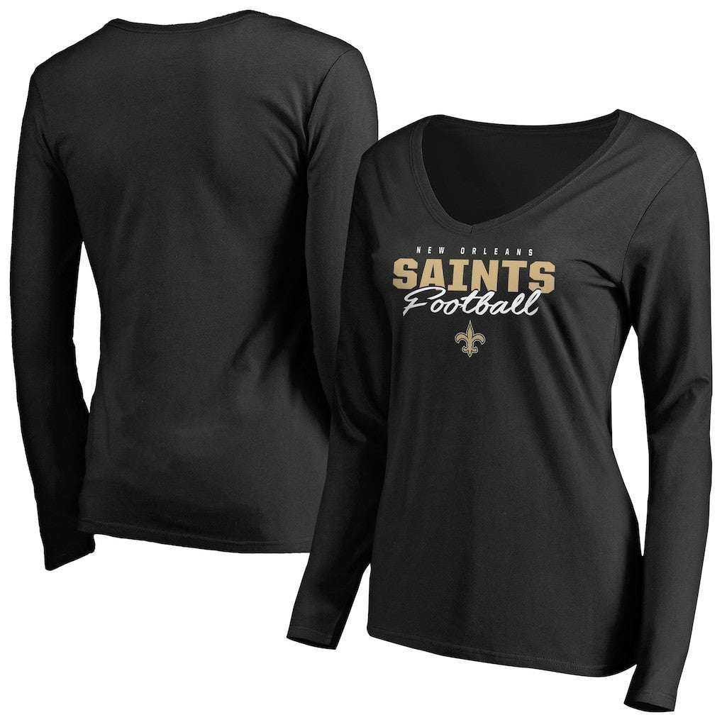 New Orleans Saints Women's Iconic Collection Script Assist Long Sleeve V-Neck T-Shirt Black | NFL