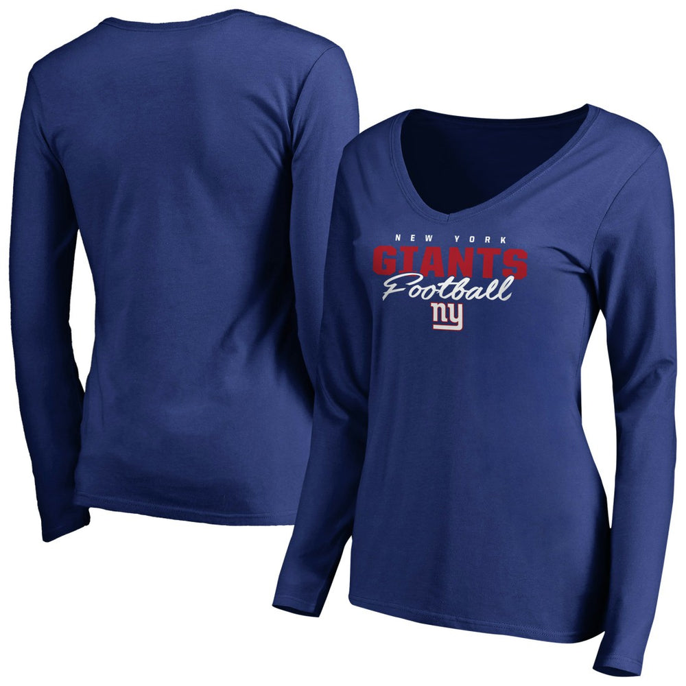 New York Giants Women's Iconic Collection Script Assist Long Sleeve V-Neck T-Shirt Royal | NFL