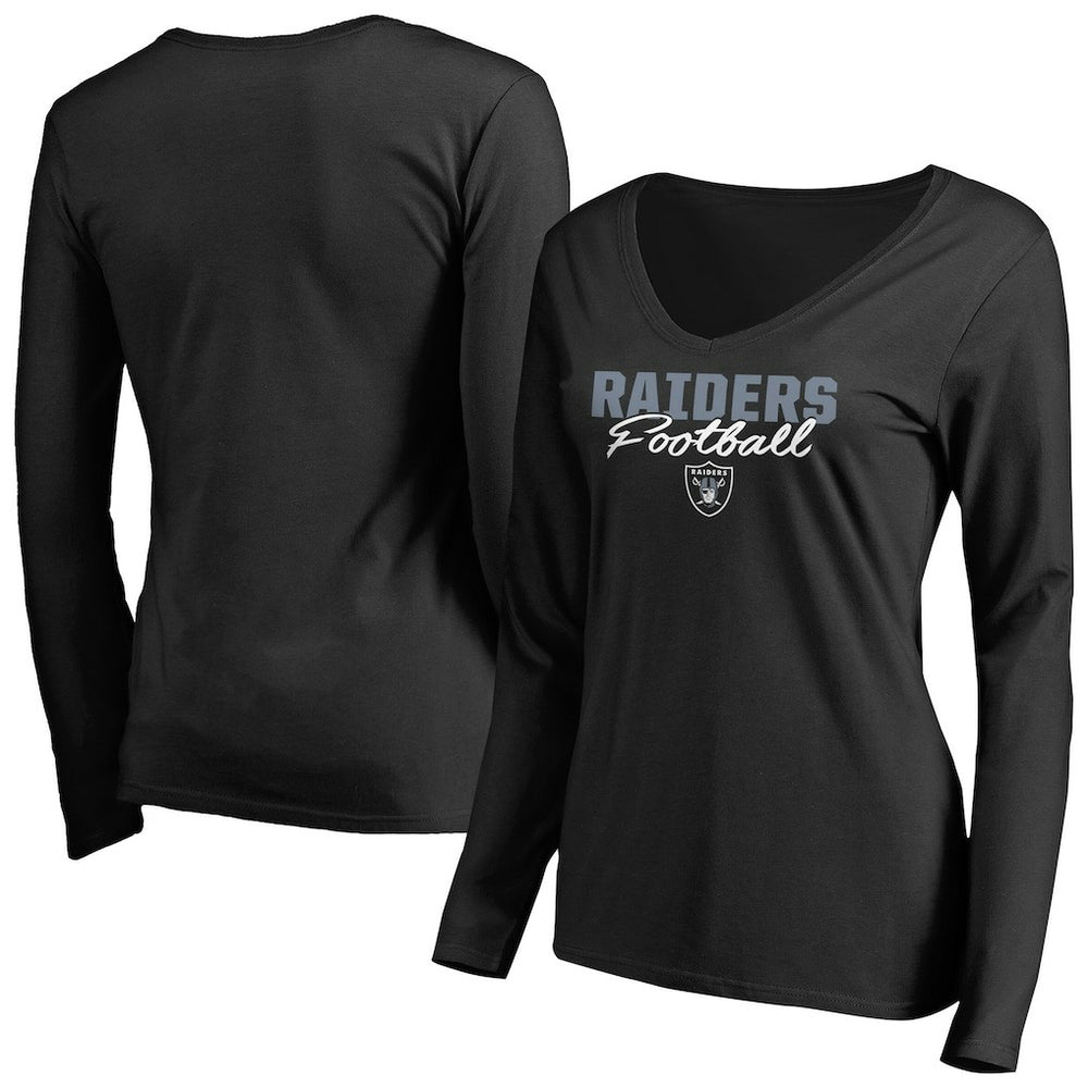 Las Vegas Raiders Women's Iconic Collection Script Assist Long Sleeve V-Neck T-Shirt Black | NFL