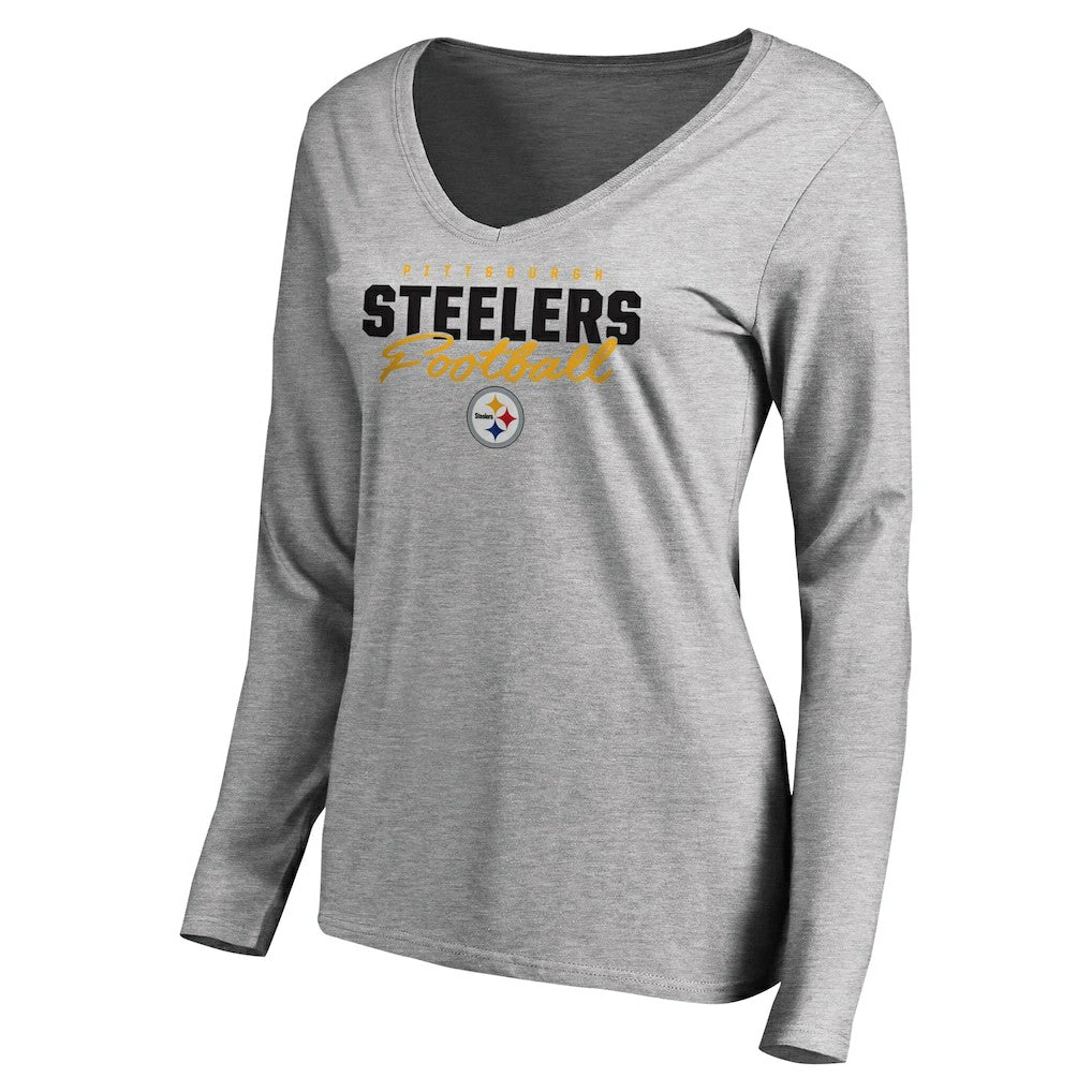 Pittsburgh Steelers Women's Iconic Collection Script Assist Long Sleeve V-Neck T-Shirt Ash | NFL