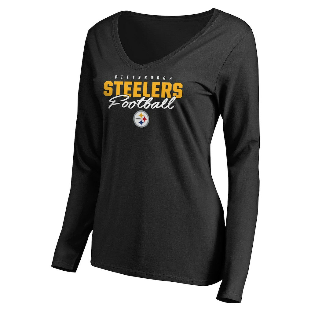 Pittsburgh Steelers Women's Iconic Collection Script Assist Long Sleeve V-Neck T-Shirt Black | NFL