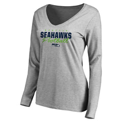 Seattle Seahawks Women's Iconic Collection Script Assist Long Sleeve V-Neck T-Shirt Ash | NFL