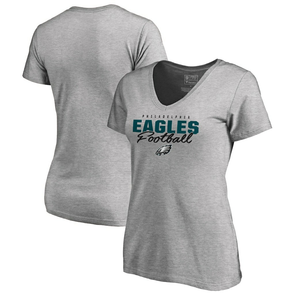 Philadelphia Eagles Women's Iconic Collection Script Assist V-Neck T-Shirt Heathered Gray | NFL